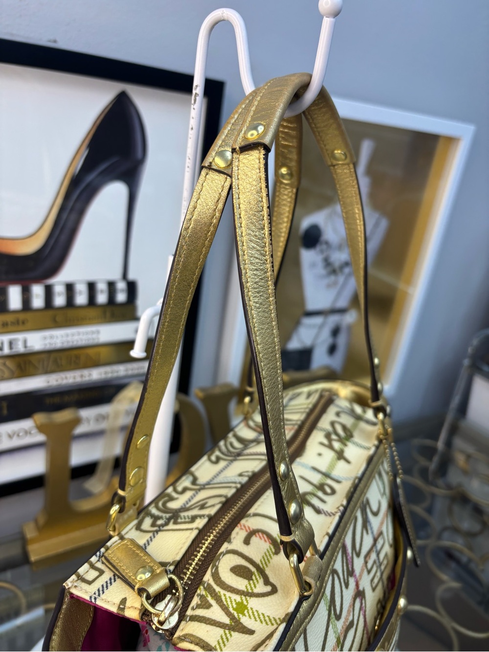 Coach 2009 Heritage Tattersall Graffiti Gold Tote W/ matching cosmetic pouch EUC - Picture 11 of 16